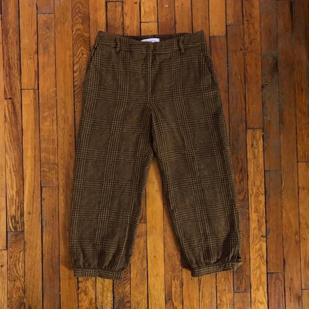 Max Mara Women Alpaca Llama Wool Brown Tan Plaid Houndstooth Pattern Capri Pants